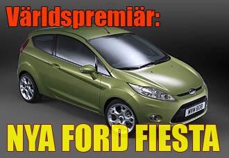 En grön Ford Fiesta med texten "Värdspremiär Nya Ford Fiesta" (AI text)