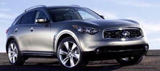 En silverfärgad Infinity-territäckt SUV parkerad på en grusväg. (AI text)