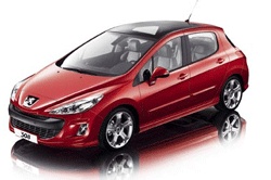 En röd Peugeot 208. (AI text)