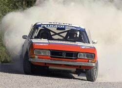 En rallybil körer längs en grusväg. (AI text)