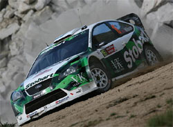 En rallybil kör på en grusväg. (AI text)