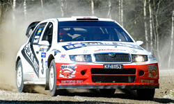 En rallybil kör på en grusväg. (AI text)