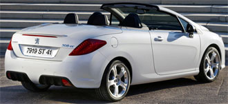 En vit cabriolet bil parkerad på en gata. (AI text)