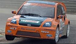 En rallybil kör nedför en spår. (AI text)