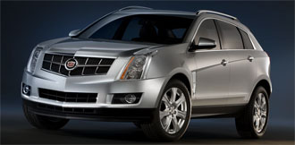 Cadillacs SRX visas på en mörk bakgrund. (AI text)