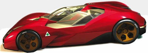 En röd sportbil mot en vit bakgrund. (AI text)