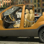 En liten bil parkerad framför ett byggnad. (AI text)