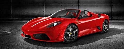 En röd Ferrari F12tdf sportbil i en garage. (AI text)