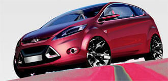 En röd Ford Fiesta kör ner en väg. (AI text)