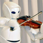 En robot spelar fiol. (AI text)