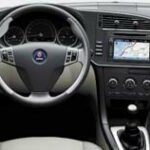 En bilinteriör med ratt och instrumentbräda. (AI text)