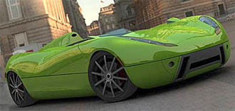 En grön bil körer nerför en stadsgata. (AI text)