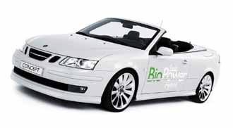 En vit cabriolet med ett grönt logo. (AI text)