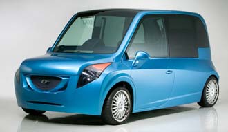 En blå bil med ett vitt tak. (AI text)