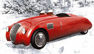 En röd bil kör nerför en snöig väg. (AI text)