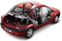 En röd bil med öppna dörren. (AI text)