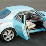 En blå bil med öppna dörrar (AI text)