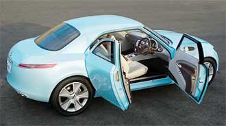 En blå bil med öppna dörrar (AI text)