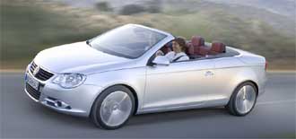En Volkswagen Cabriolet kör nedför en väg. (AI text)