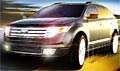 En Ford Edge SUV kör nerför vägen. (AI text)