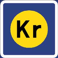 En gul och blå skylt med ordet "KR" på den. (AI text)