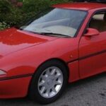 En röd sportbil parkerad i en parkeringsplats (AI text)