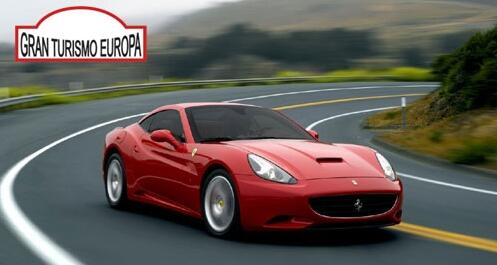 En röd Ferrari California kör nedför en krökande väg. (AI text)