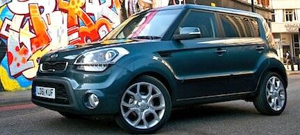 En Kia Soul, en liten bil, parkerad framför en graffiti-vägg. (AI text)