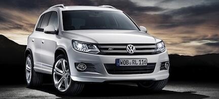 En vit Volkswagen-terrängbil parkerad på en parkeringsplats. (AI text)