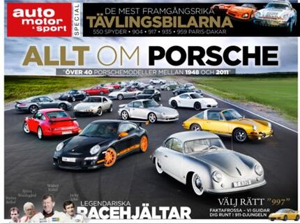En tidningstäckt med en Porsche på den (AI text)