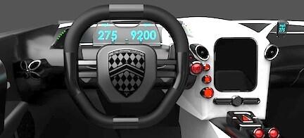 En bil med ratt och instrumentbräda. (AI text)