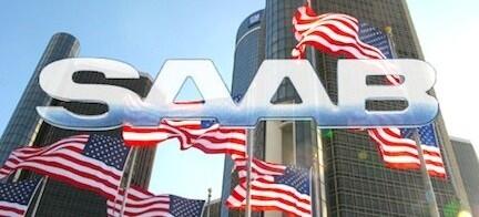 Saab-logotyp med amerikanska flaggor (AI text)