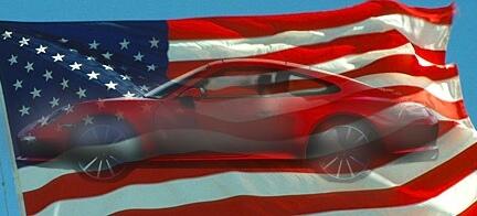 En röd sportbil flyger i luften med en amerikansk flagga. (AI text)