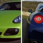 En grön och blå sportbil på en bana. (AI text)