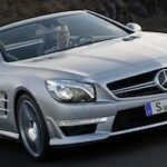 En Mercedes SLK klassisk cabriolet kör på en väg. (AI text)