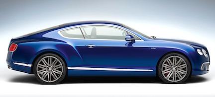 En blå Bentley Continental GT (AI text)