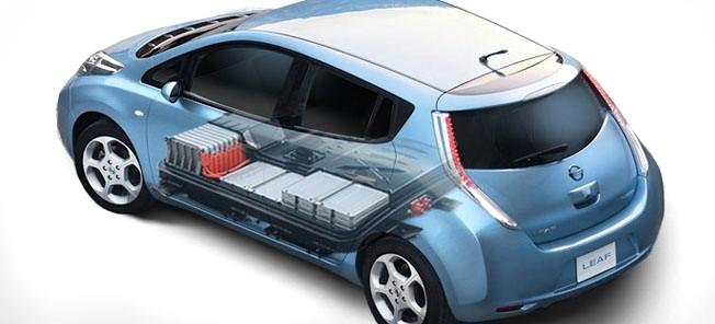 En Nissan Leaf elbil med batteripakett (AI text)