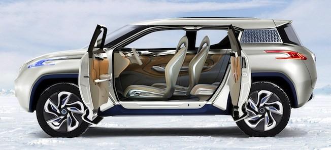 En SUV med öppna dörren i snön (AI text)