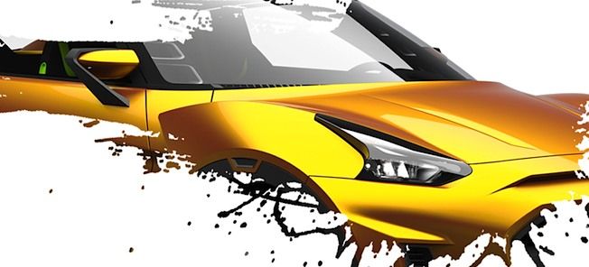 En gul bil med en sprak av färg på den. (AI text)