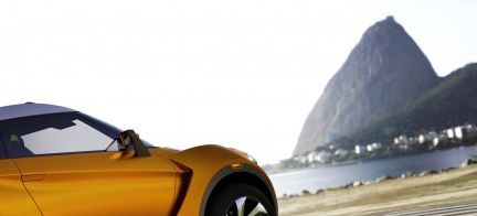 En gul bil körer nerför en väg. (AI text)