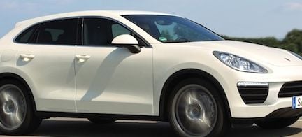 En vit Porsche Macan parkerad vid vägens sida. (AI text)