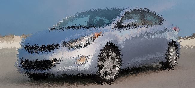 En bil kör på stranden. (AI text)