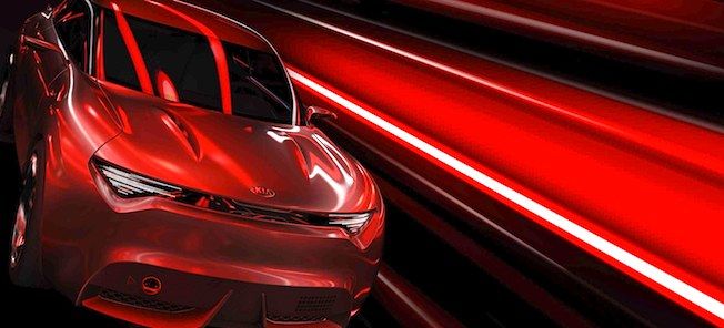 En röd bil kör nerför en mörk väg. (AI text)