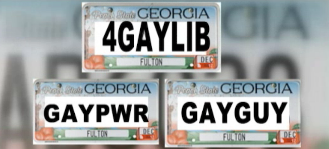 En bil med en nummerplatta som säger "gay". (AI text)