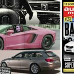 En tidskrifts omslag med en bil och en kvinna. (AI text)