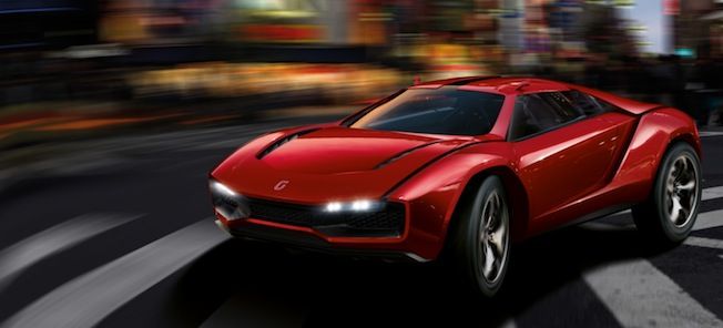 En röd sportbil kör nerför en stadsgata. (AI text)