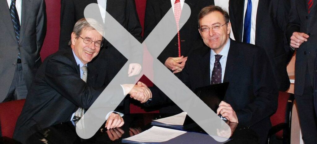 En grupp personer skakar hand över en bordet. (AI text)