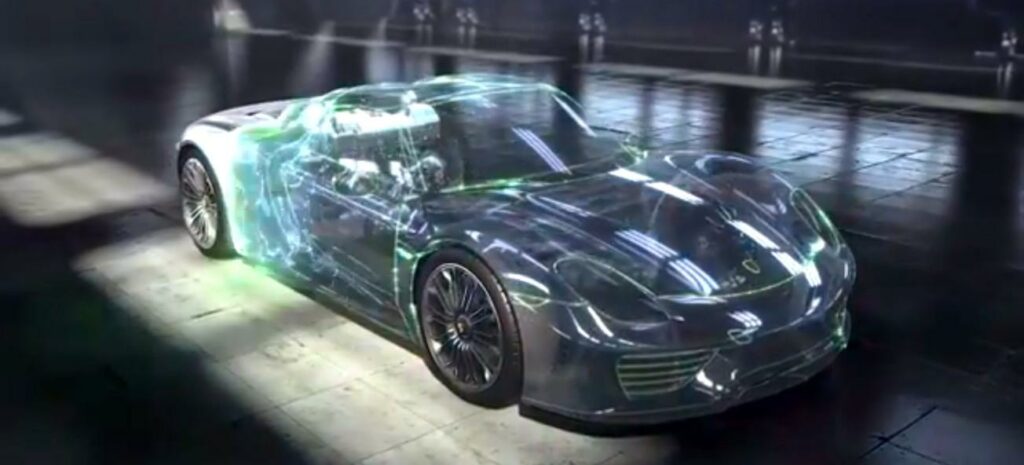 En framtida bil i en mörk rum. (AI text)