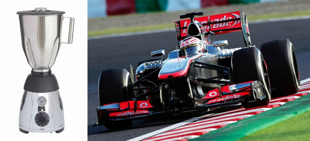 En bländare och en bil på en bana. (AI text)