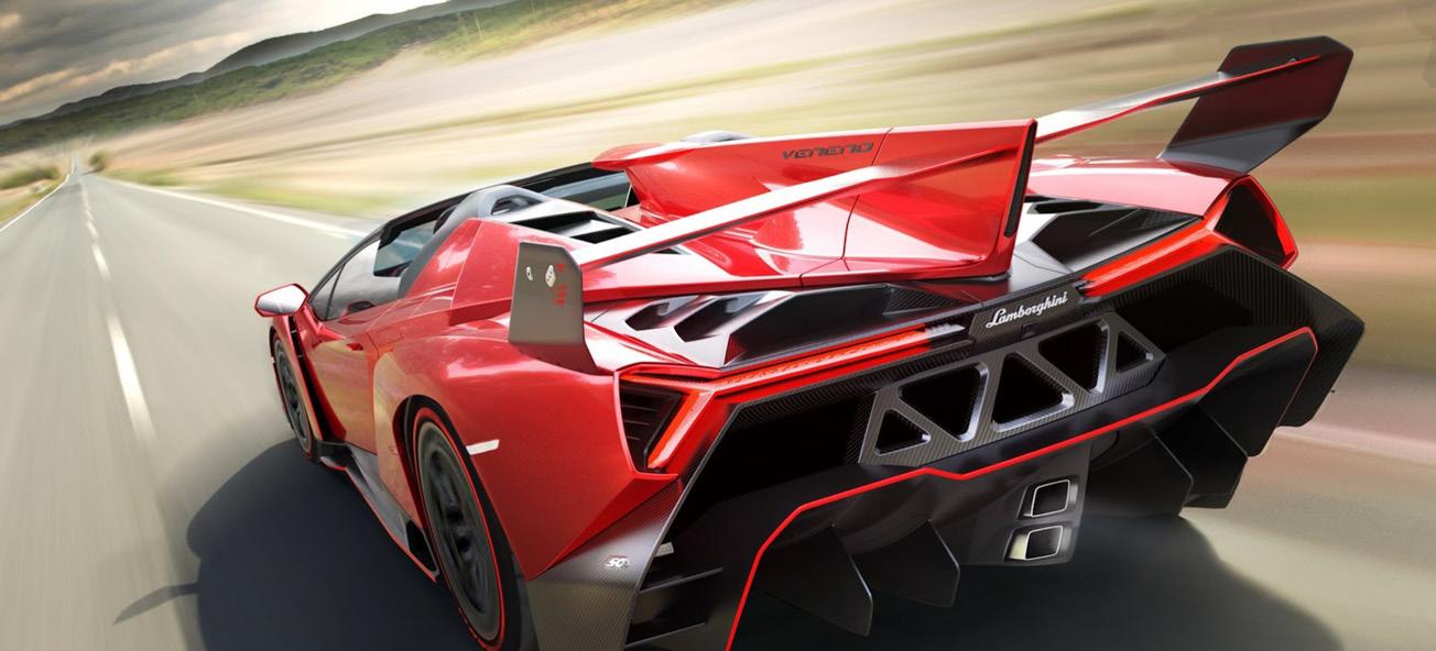 En röd sportbil kör nerför en väg. (AI text)